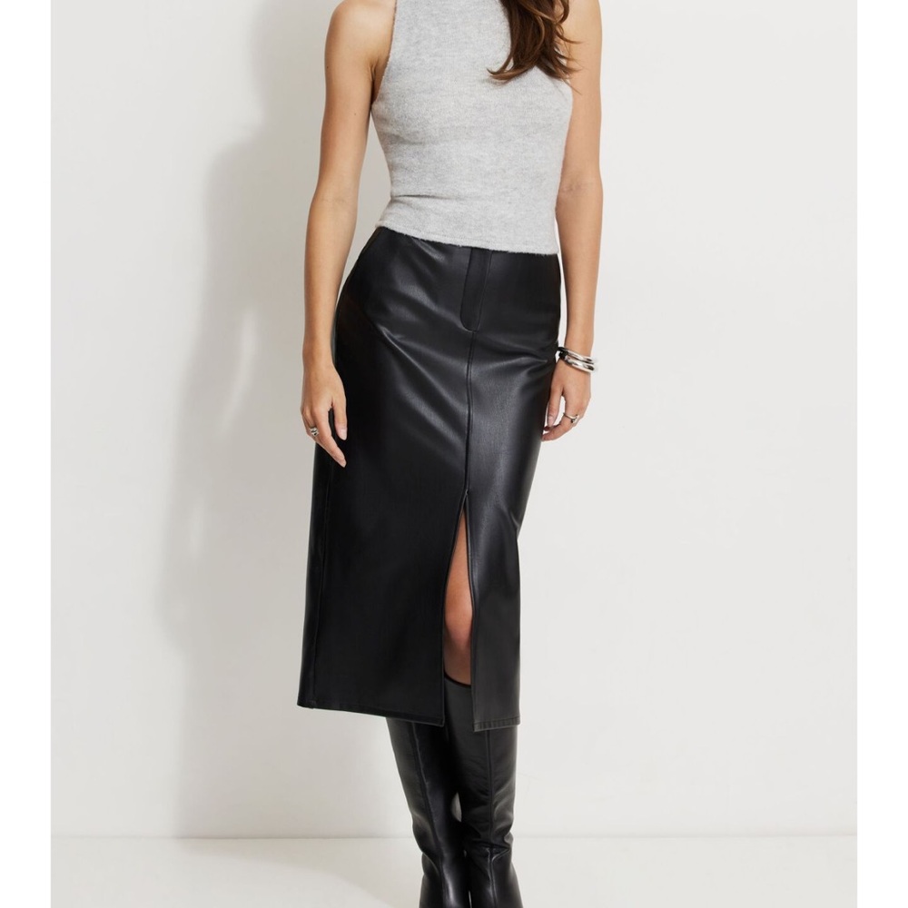 Black Faux Leather Midi Skirt